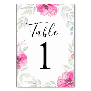 Numéro De Table Feuilles de peinture à l'aquarelle et fleurs roses