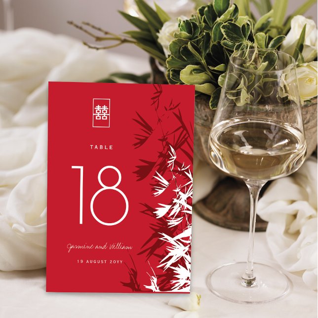 Numéro De Table Feuilles en bambou rouge et blanc Mariage double b (Créateur téléchargé)