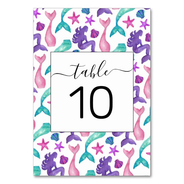 Numéro De Table Fille Aquarelle Mermaids Contes Coquillages Motif (Par défaut)