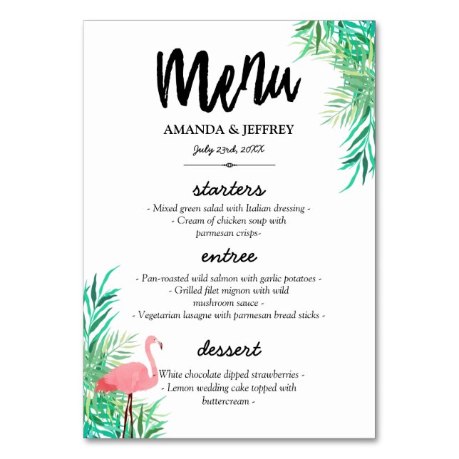Numéro De Table Flamant rose d'aquarelle et Palm Feuille Menu Mari (Par défaut)