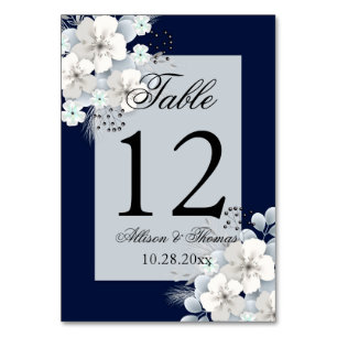 Numéro De Table fleur blanche sakura bleu marine