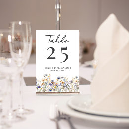 Numéro De Table Fleur sauvage bleu foncé Script Mariage élégant