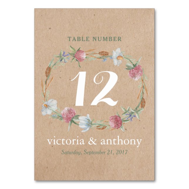 Numéro De Table  fleur sauvage Sur Kraft Numéro de Mariage campagn (Par défaut)