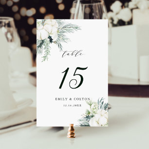 Numéro De Table Fleurs à feuillage persistant et coton Mariage élé