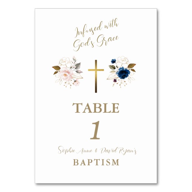 Numéro De Table Fleurs Bleues Roses Croix Or jumeaux Baptême (Par défaut)