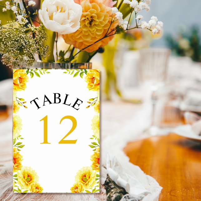 Numéro De Table Fleurs d'aquarelle jaune et mariage feuille (Créateur téléchargé)