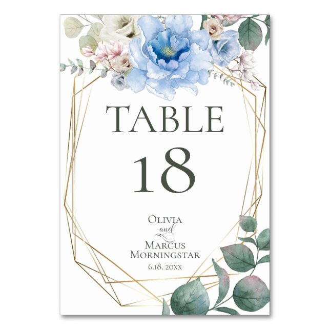 NUMÉRO DE TABLE | Fleurs de paon en aquarelle bleu (Dos)