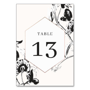 Numéro De Table Fleurs noires et blanches Mariage à cadre géométri