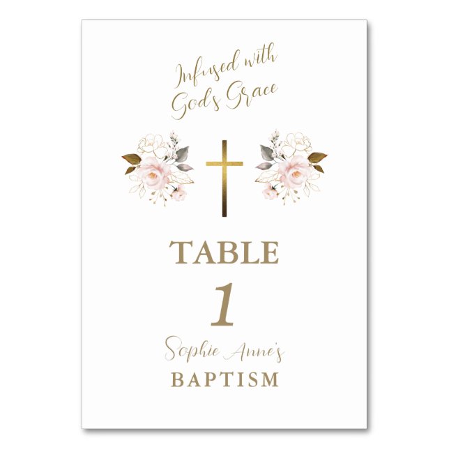 Numéro De Table Fleurs roses élégantes Croix d'or Baptême fille (Par défaut)