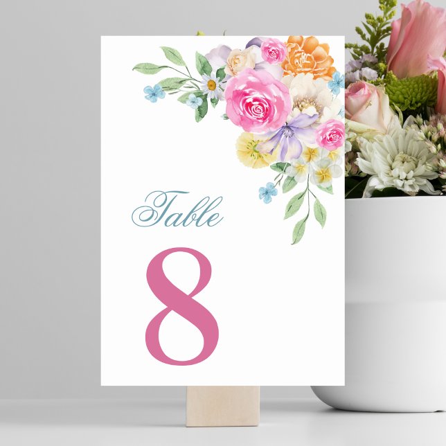 Numéro De Table Fleurs roses et bleues Table 8 Mariage d'été (Créateur téléchargé)
