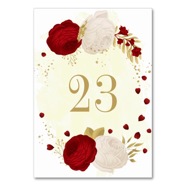 Numéro De Table fleurs rouges et blanches or mariage botanique (Par défaut)