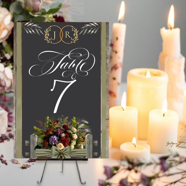 Numéro De Table Fleurs sauvages, ruban et monogramme - Sauge (Créateur téléchargé)