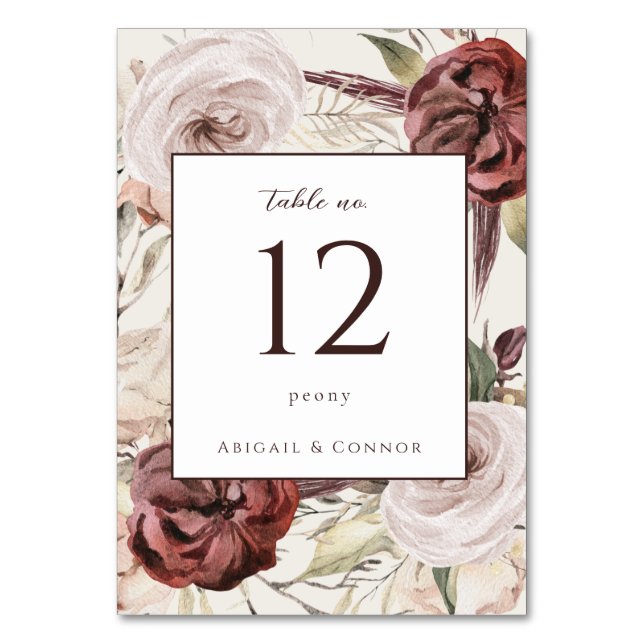 Numéro De Table Floral à la crème Rustique Boho Marsala (Par défaut)