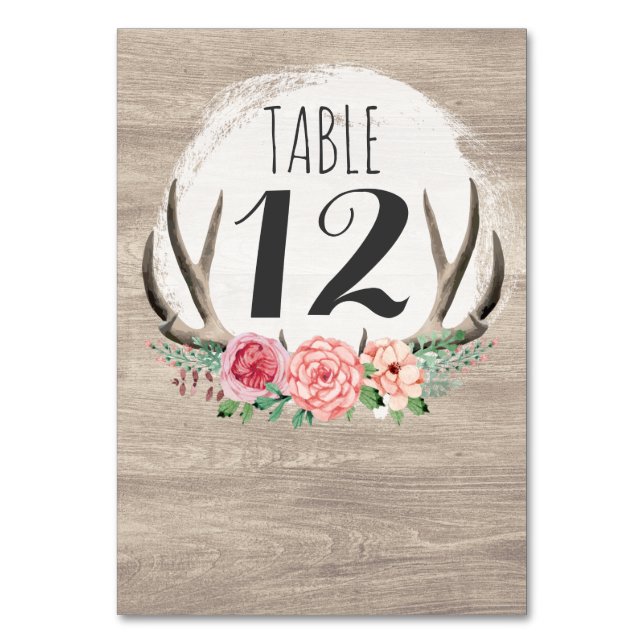 Numéro De Table Floral Antlers Bois rustique Mariage personnalisé (Par défaut)