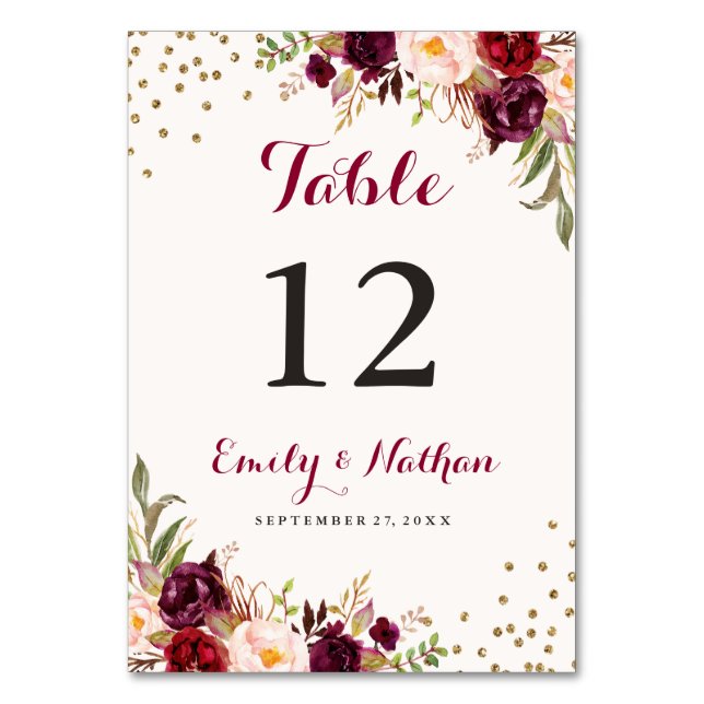 Numéro De Table Floral de Bourgogne Confetti (Dos)