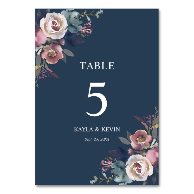 Numéro De Table Floral Dusty Rose Mauve Navy Mariage bleu (Par défaut)