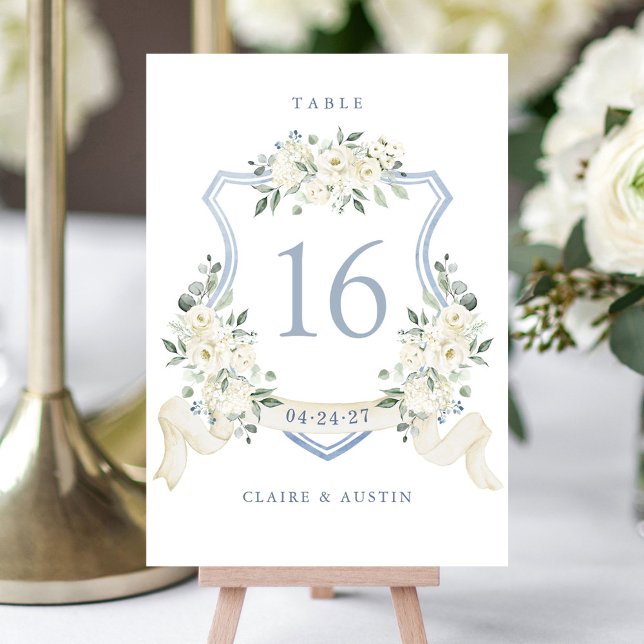 Numéro De Table Floral Elegant Dusty Blue White Crest Table Number (Créateur téléchargé)