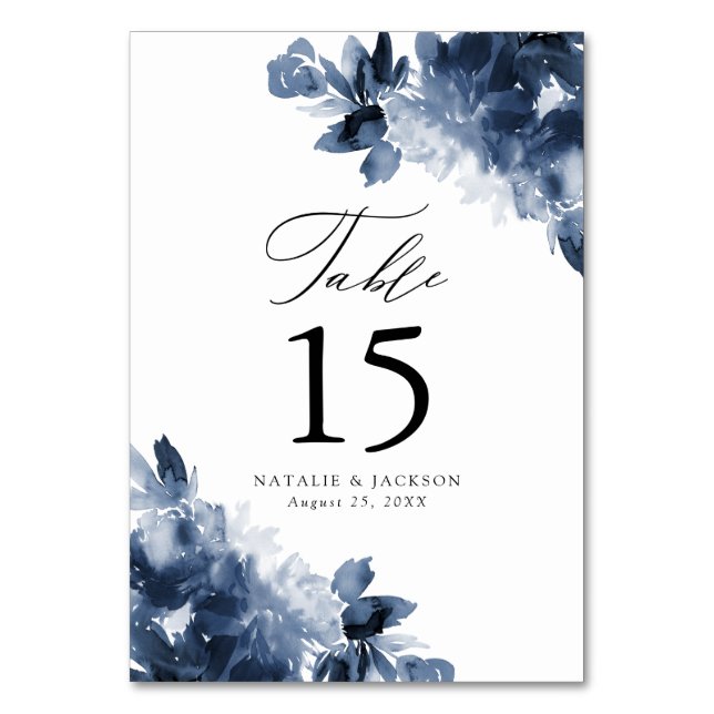 Numéro De Table Floral Indigo Abstrait | Mariage personnalisé (Dos)