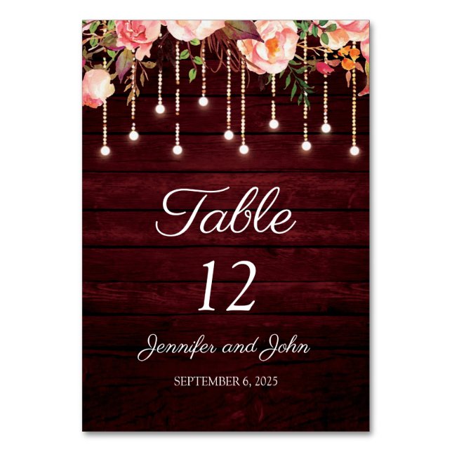 Numéro De Table Floral Maroon en bois Mariage rustique (Par défaut)
