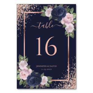 Numéro De Table Floral Navy Blue Blush Rose Gold Frame Mariage