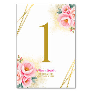 Numéro De Table Floral rose et Quinceańera or