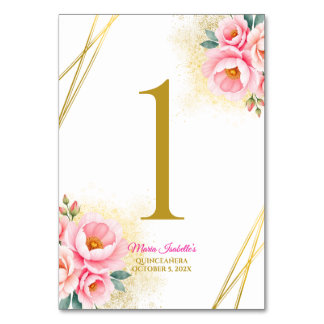 Numéro De Table Floral rose et Quinceańera or