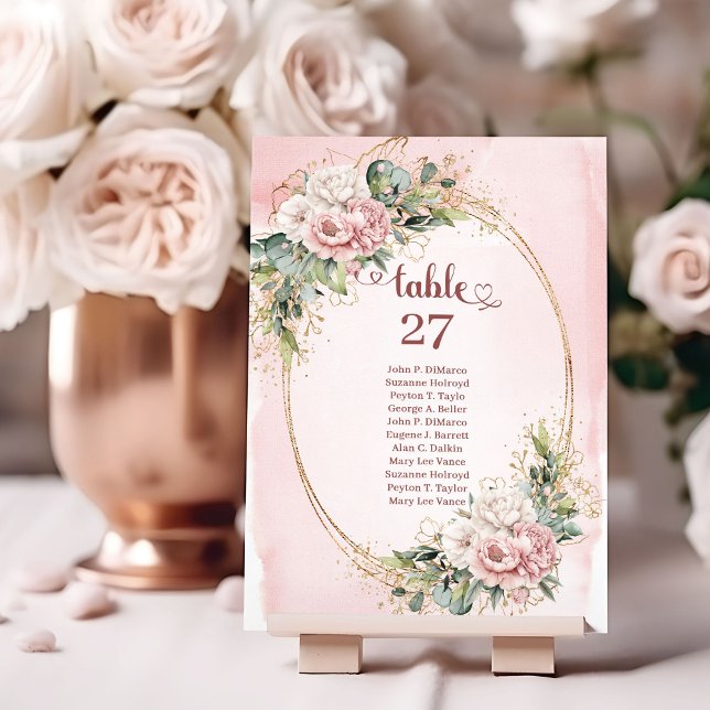 Numéro de table floral rose pâle élégant avec euca (Elegant Blush Pink Floral Eucalyptus Table Number)
