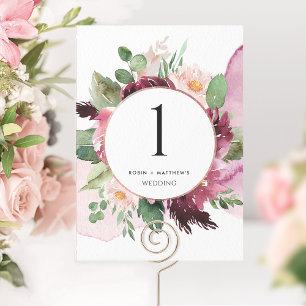Numéro de table floral rose poudré bordeaux élégan