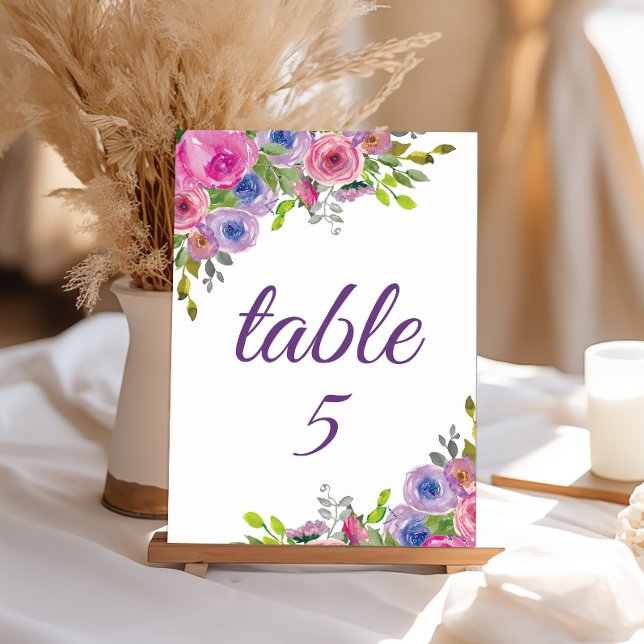 Numéro de table floral rose violet (Pink and purple watercolor floral special event table number template)