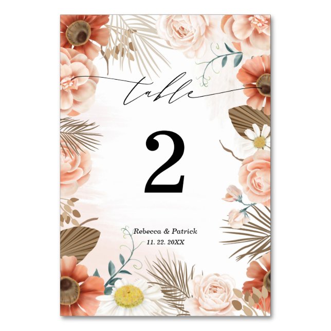 Numéro De Table Floral Terracotta Rustic Boho Mariage Numéro de ta (Par défaut)