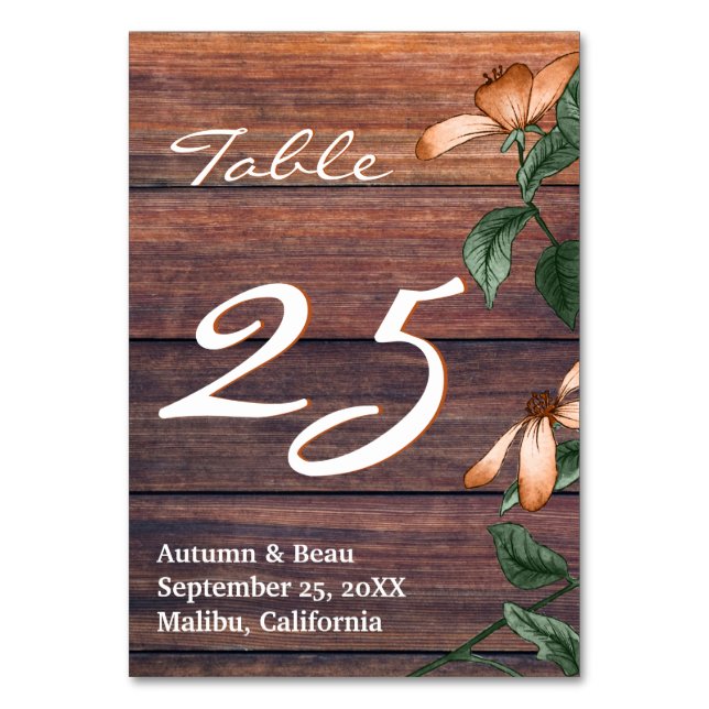 Numéro De Table Florales d'orange brûlées rustiques (Dos)