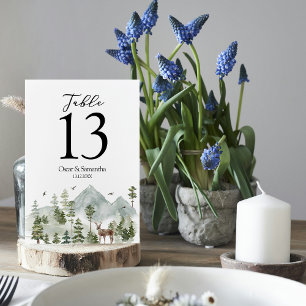 Numéro De Table Forêt d'aquarelle   Arbres Et Cerfs  