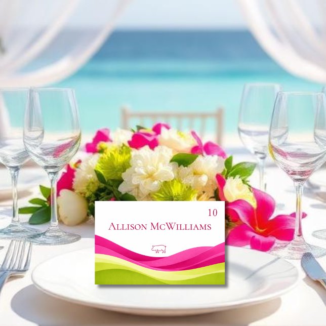 Numéro De Table Fuchsia and Lime Green Wedding Place Card-Pork (Fuchsia and Lime Green Wedding Table Number Meal Icon Pork)