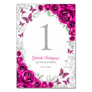 Numéro De Table Fuchsia Rose Argent Fleur Quinceanera