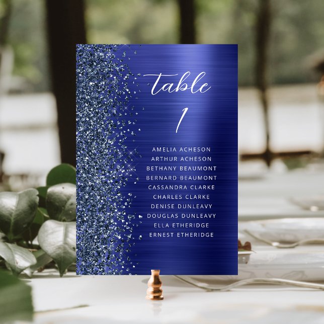 Numéro De Table Glam Navy Blue Metallic Glitter Script Wedding (Créateur téléchargé)