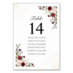 Numéro De Table Gold Burgundy Floral Mariage Réception Siège