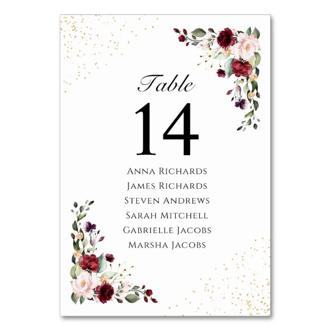 Numéro De Table Gold Burgundy Floral Mariage Réception Siège (Par défaut)
