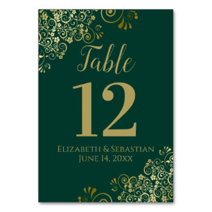 Numéro De Table Gold & Emerald Green Elegant Frilly Mariage