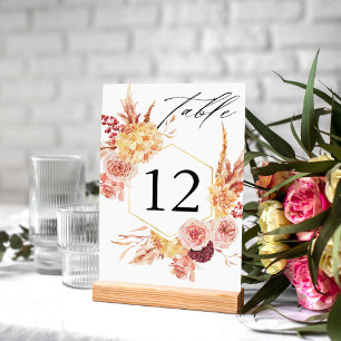 Numéro De Table Golden Burgundy & Blush rose Floral Numéro de tabl