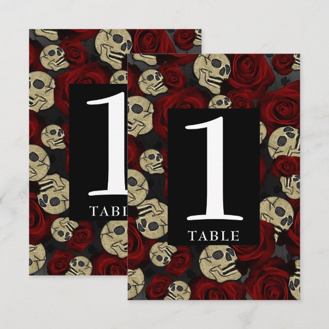 Numéro de table gothique floral noir crânes roses  (Devant / Derrière)