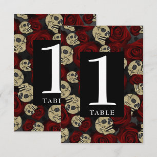 Numéro de table gothique floral noir crânes roses 