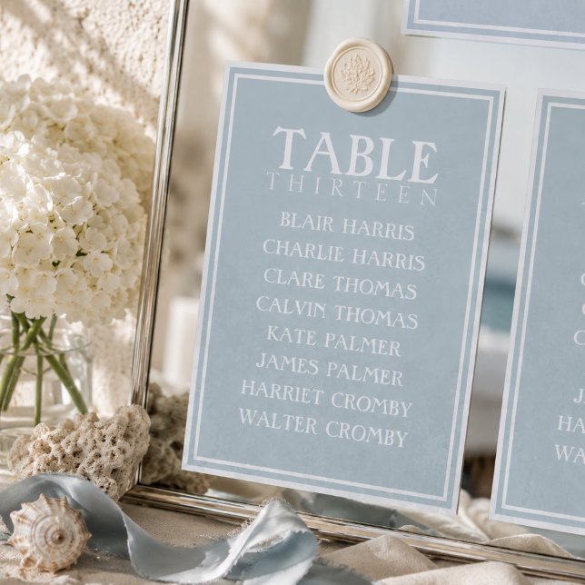 Numéro De Table Graphique de placement de mariage côtier bleu pous (Dusty Blue Coastal Wedding Seating Chart Table Number)