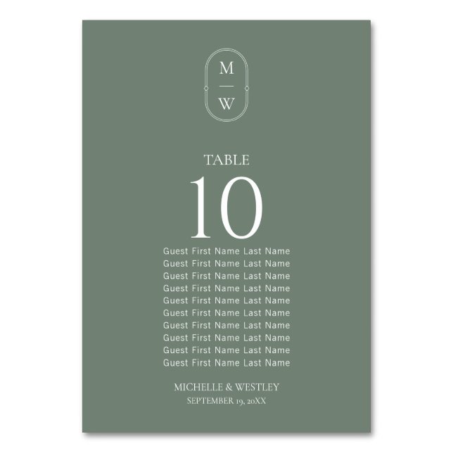 Numéro De Table Graphique de sièges Mariage Monogramme vert Sage (Par défaut)