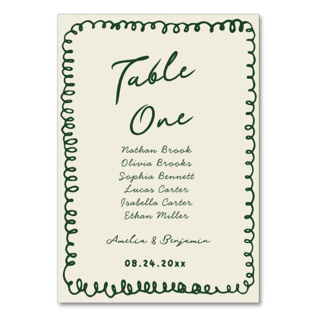 Numéro De Table green hand drawn heart Whimsical Wedding  (Par défaut)