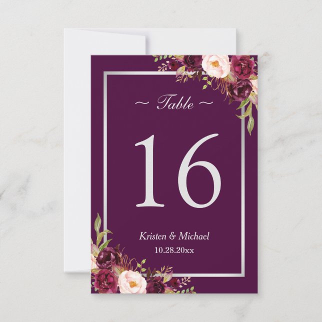 Numéro de table gris argenté floral prune rustique (Devant)