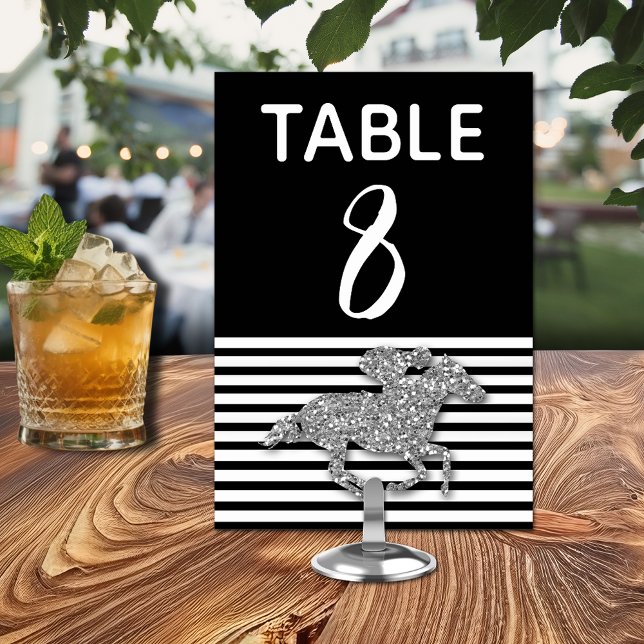 Numéro De Table Hippocampe d'argent sur les bandes noires et blanc (Silver Racehorse on Black & White Stripes Table Number Cards)