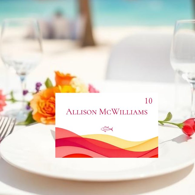 Numéro De Table Icônes de repas Vagues de couleur de coucher de so (Sunset Color Waves Meal Icons Fish Table Number )