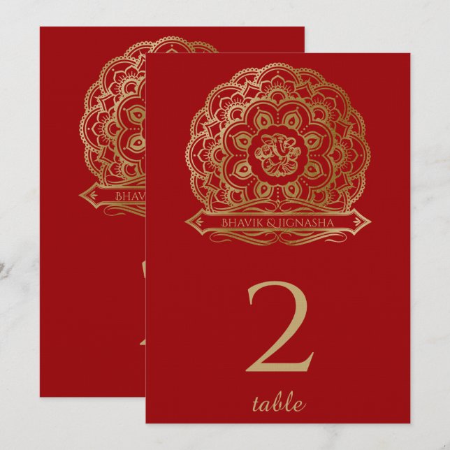 Numéro de Table Indien Mandala Rouge et Or (Devant / Derrière)