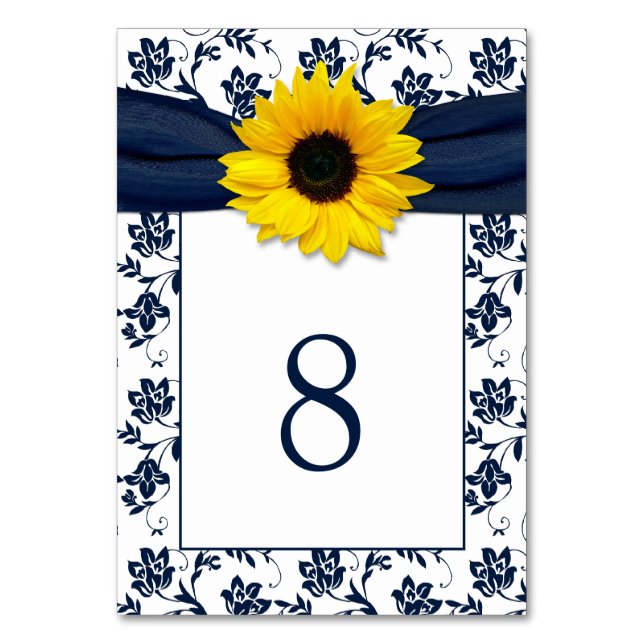 Numéro De Table Jaune Marine Bleu Damask Sunflower Ribbon Mariage (Par défaut)
