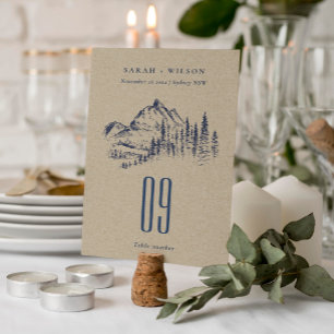 Numéro De Table Kraft Navy Pine Woods Mountain Sketch Mariage
